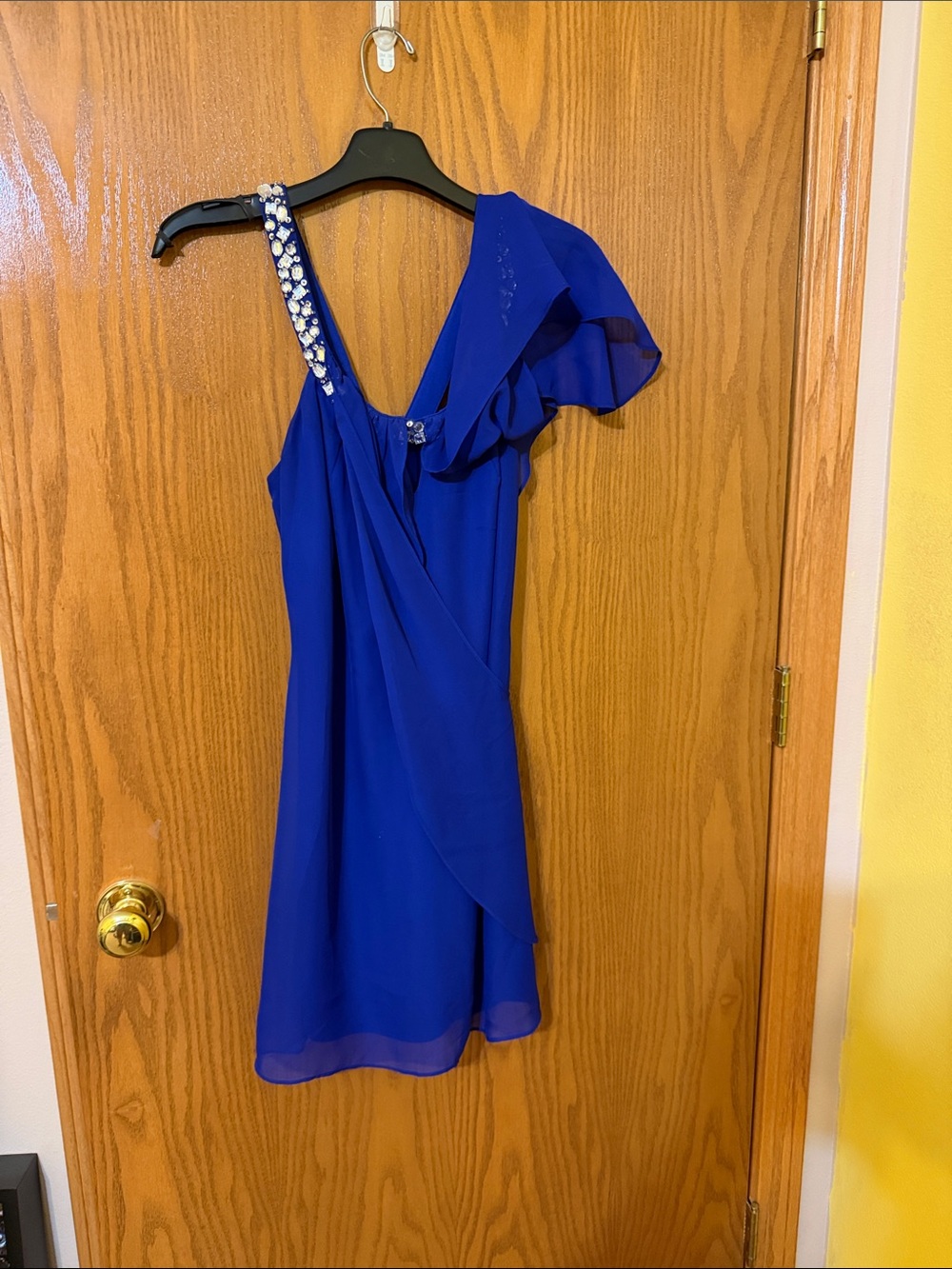 Hailey Logan Cobalt Blue One-Shoulder Cocktail Dress with Embellished Strap